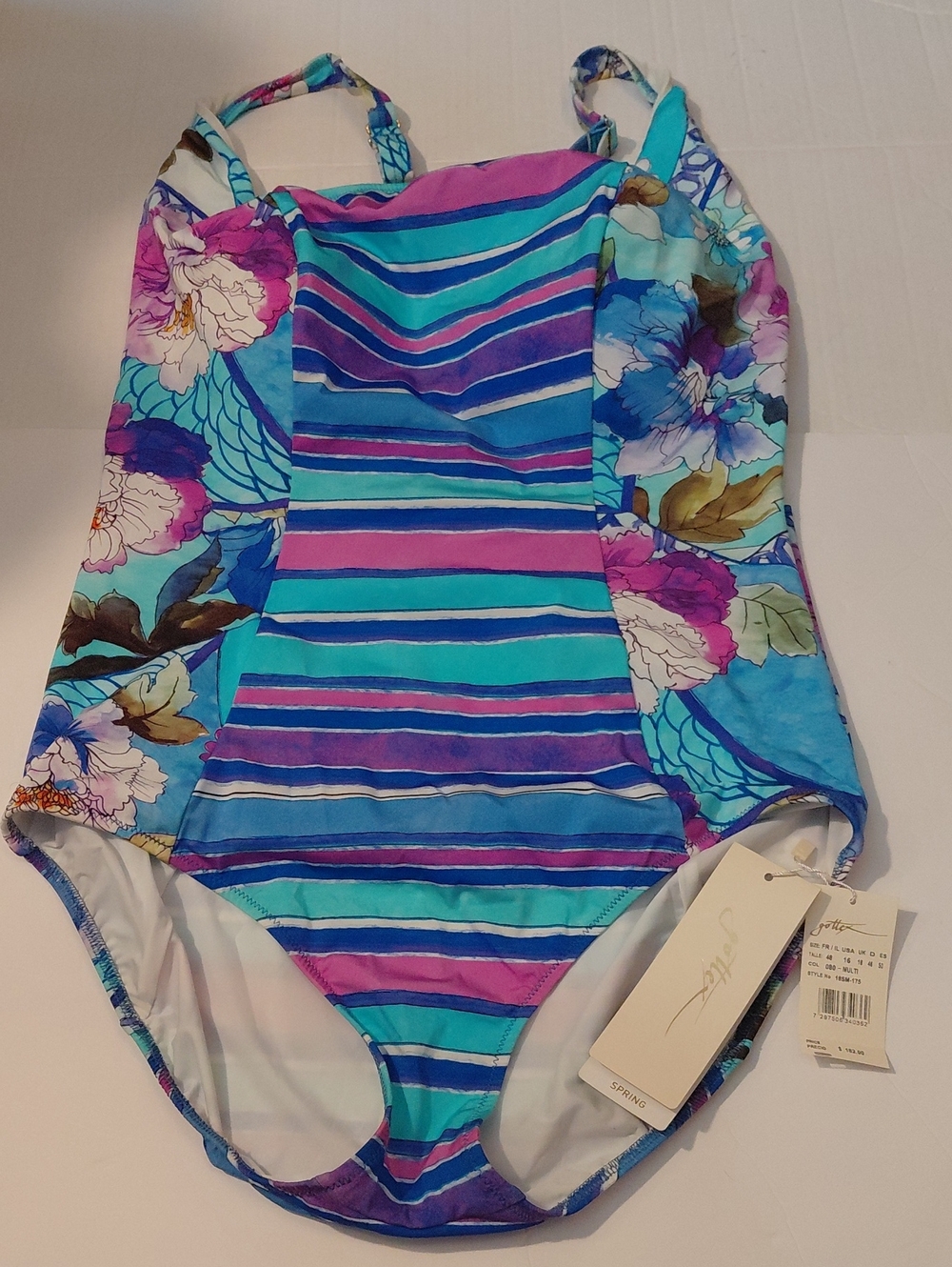 Gottex Womens Womens Size 16 Blue & Purple Striped Floral One-Piece Swimsuit